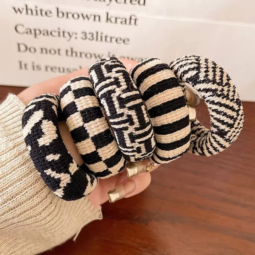 Checkered Comfort Stretch Hair Rings Versatile Black White Pack 5