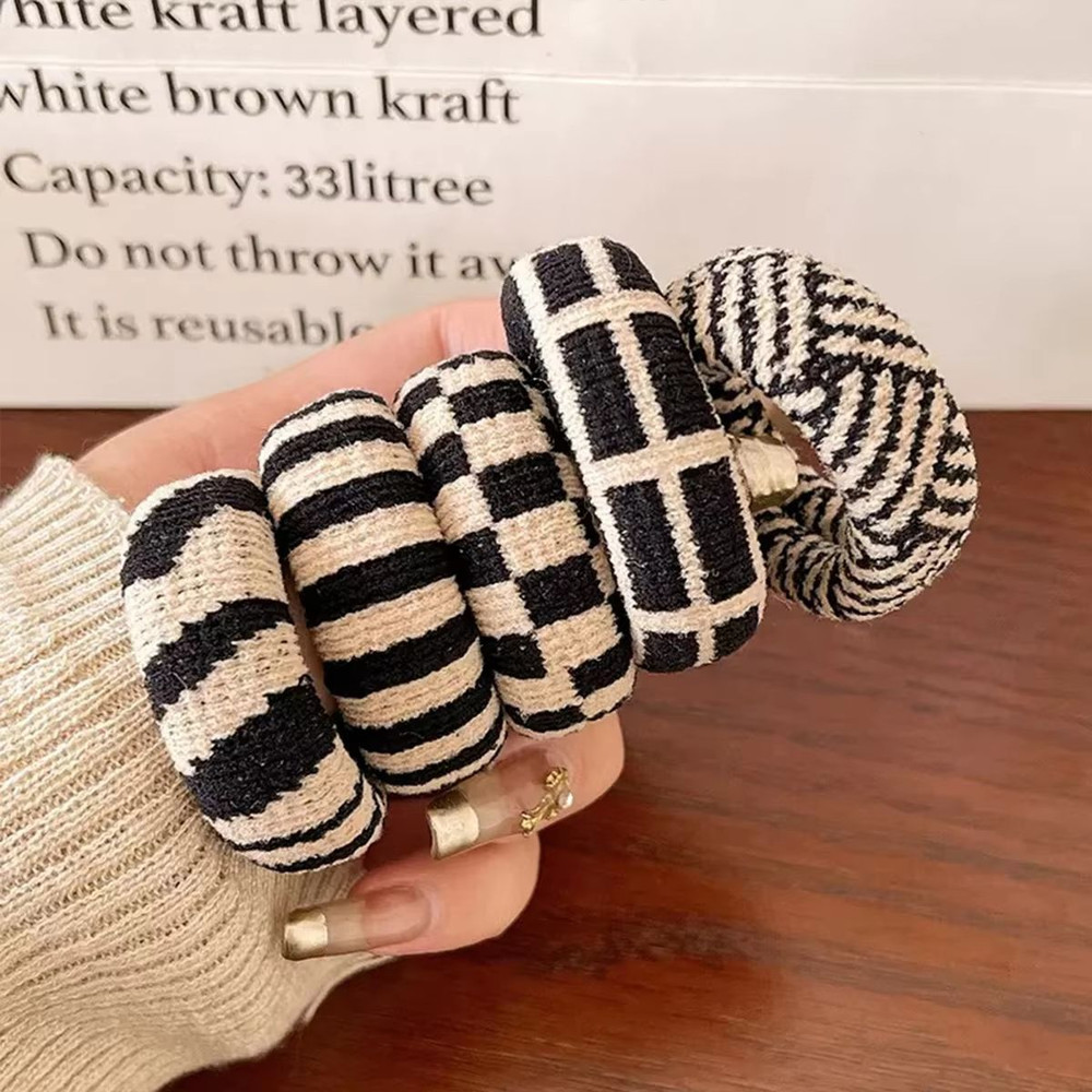 Checkered Comfort Stretch Hair Rings Versatile Black White Pack 6