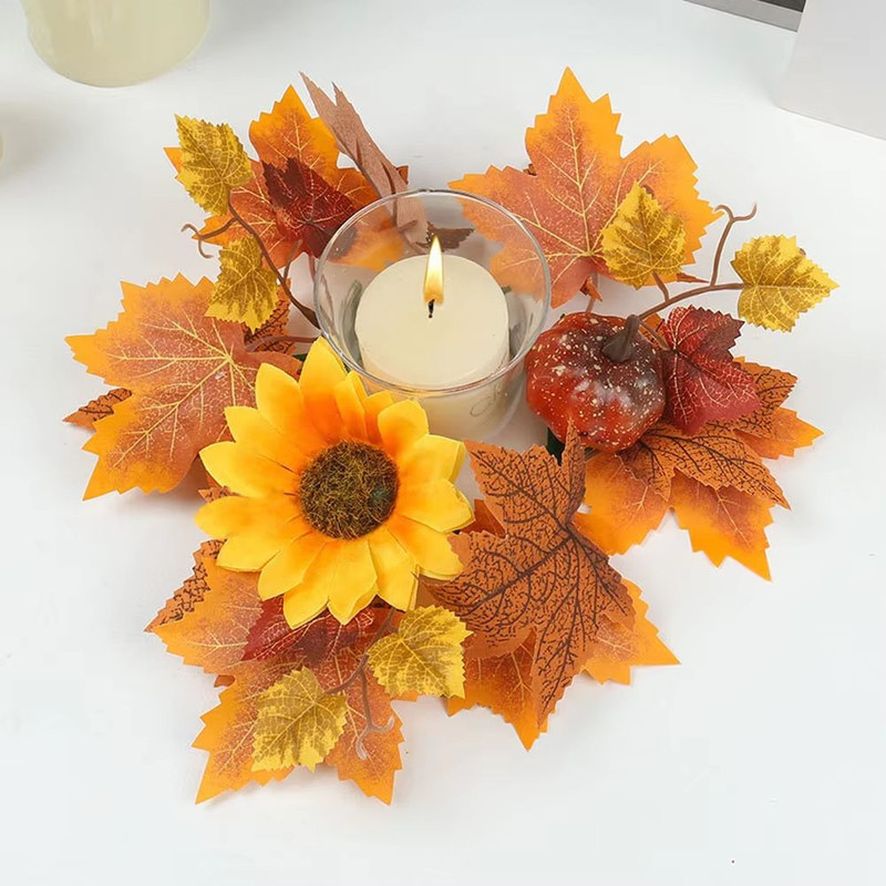 Autumn Maple Leaves Sunflower Candle Ring Wreath For Pillar Candles 0