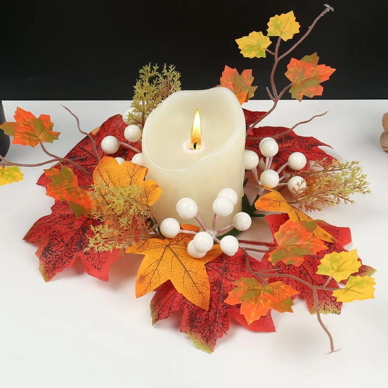 Autumn Maple Leaves Sunflower Candle Ring Wreath For Pillar Candles 3