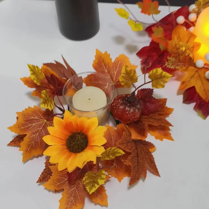Autumn Maple Leaves Sunflower Candle Ring Wreath For Pillar Candles 4
