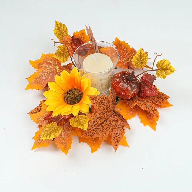 Autumn Maple Leaves Sunflower Candle Ring Wreath For Pillar Candles 6