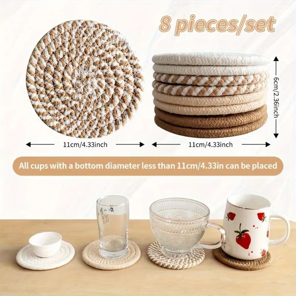 Woven Drink Coaster Set With Holder 8 Piece Absorbent Cup Mats 3