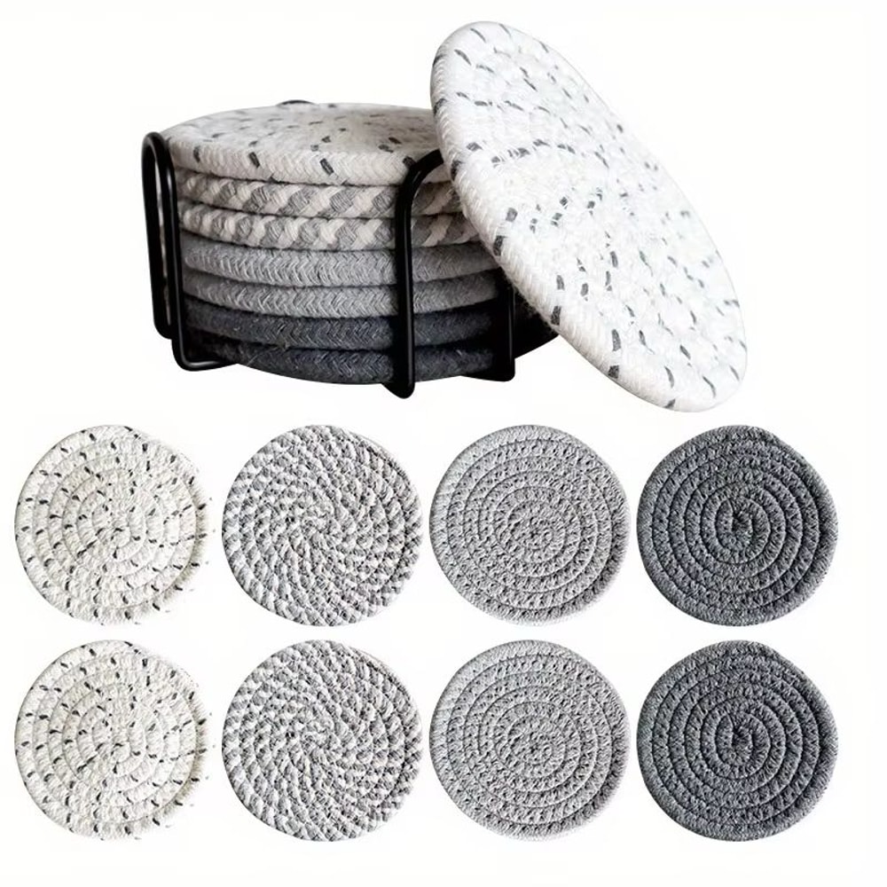 Woven Drink Coaster Set With Holder 8 Piece Absorbent Cup Mats 6