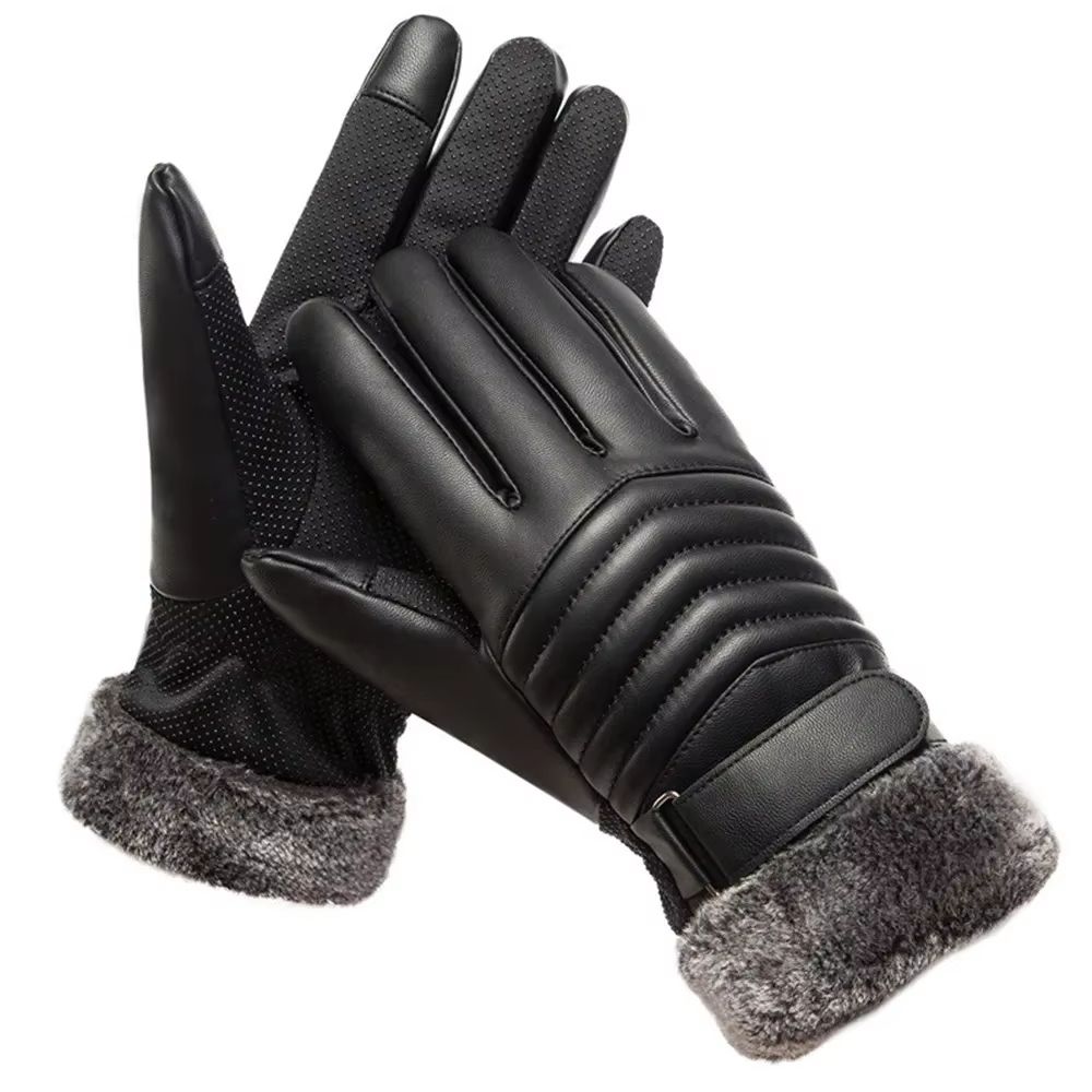 Mens Plush Insulated PU Leather Touchscreen Winter Cycling Gloves 1