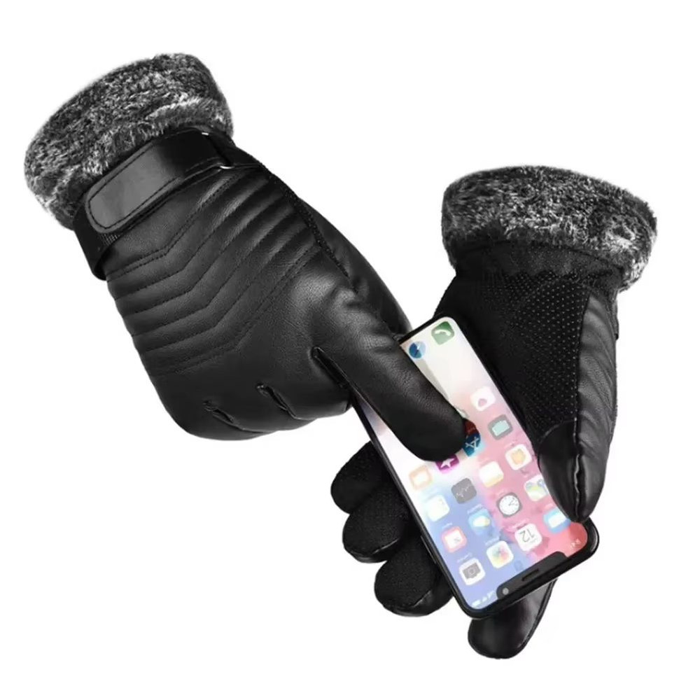Mens Plush Insulated PU Leather Touchscreen Winter Cycling Gloves 3