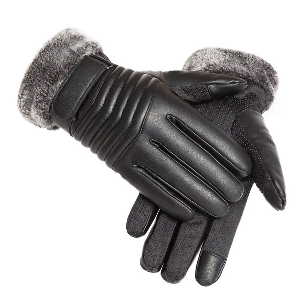 Mens Plush Insulated PU Leather Touchscreen Winter Cycling Gloves 5