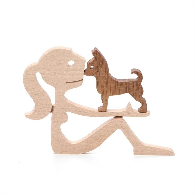 Family Puppy Wood Dog Craft Figurine Desk Ornament 9