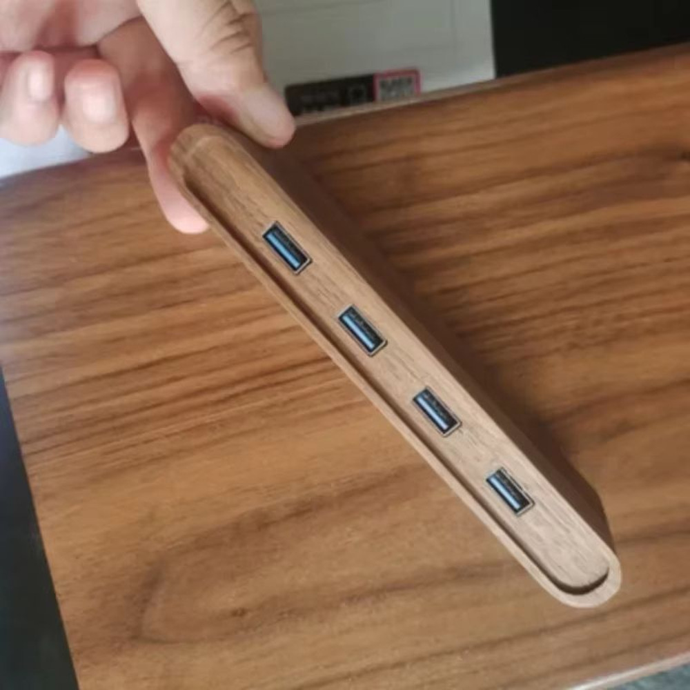 Black Walnut Wooden USB Hub 1 To 4 Desktop Splitter And Monitor Riser 4