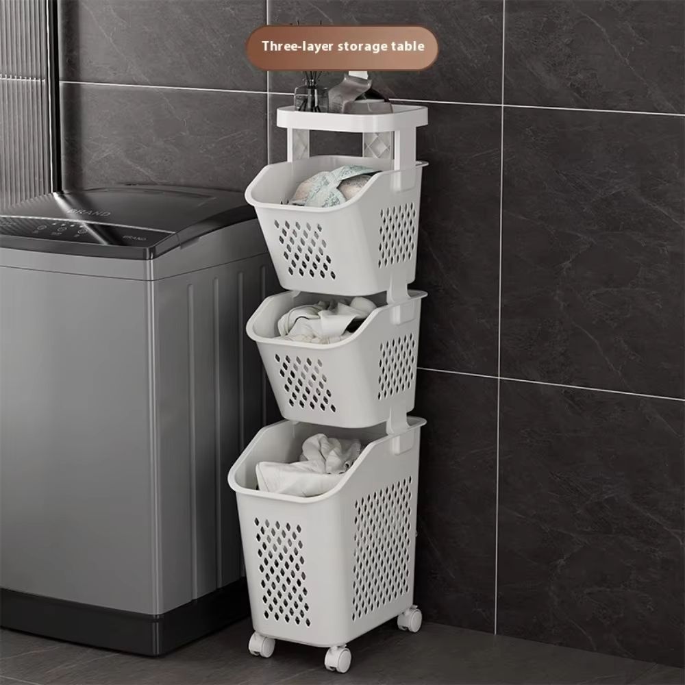 Multilayer Wheeled PP Plastic Laundry Storage Basket Cart 2