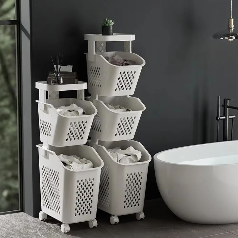Multilayer Wheeled PP Plastic Laundry Storage Basket Cart 3