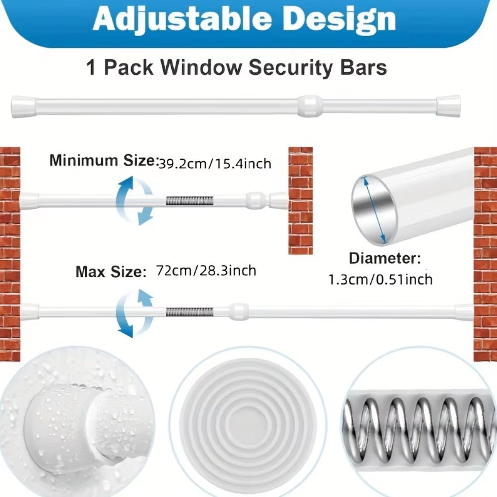 Adjustable Metal Safety Bar For Sliding Windows Doors With RubberTip Lock 2
