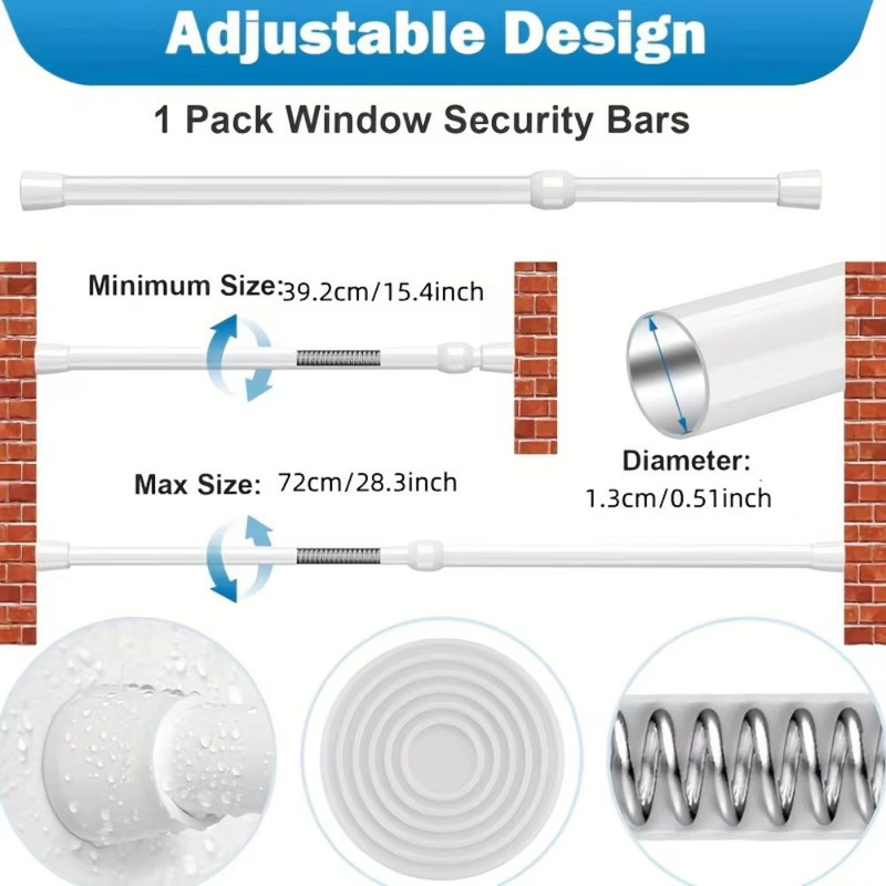 Adjustable Metal Safety Bar For Sliding Windows Doors With RubberTip Lock 2