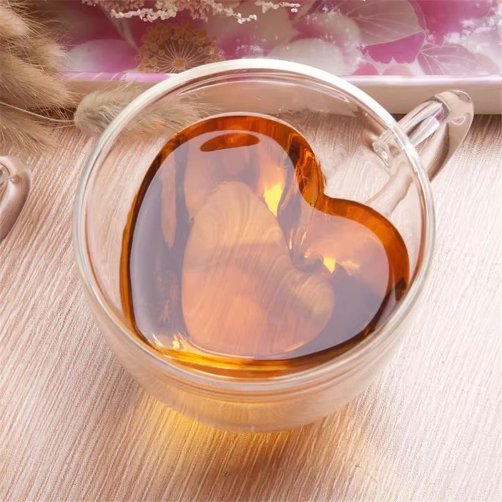 HeartCup Double Wall Glass Cup With Handle Insulated Clear Tea Coffee Latte Mug 3