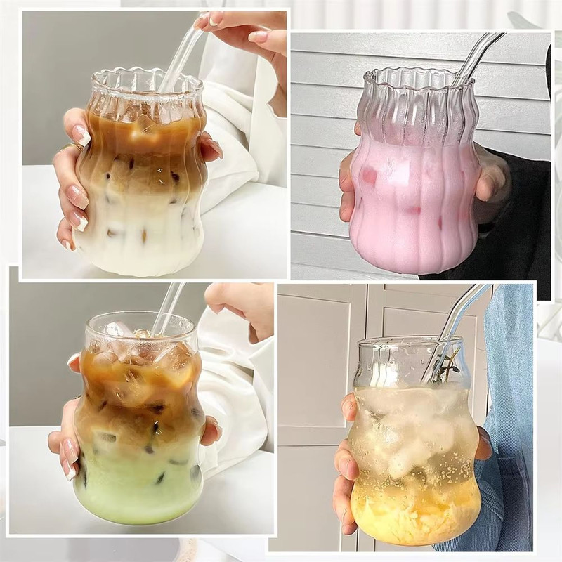 Stripe Clear Glass Cup Set With Handle HeatResistant Tumbler For Iced Coffee Juice Milk Tea 4 Or 5