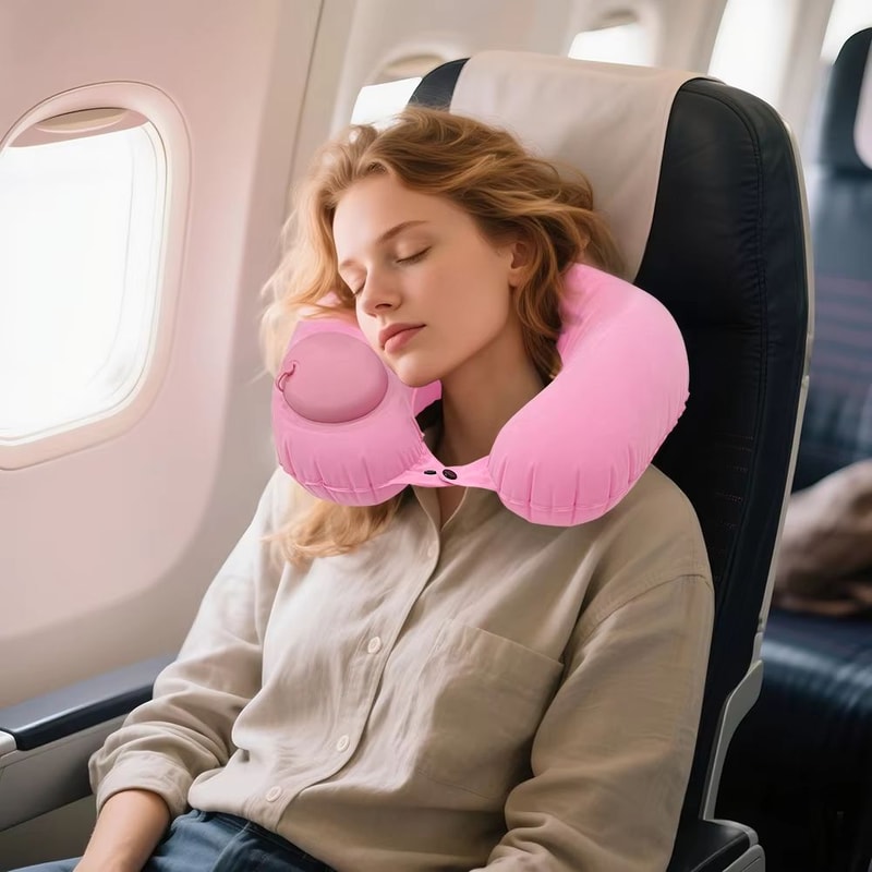 PressEase Inflatable Travel Neck Pillow Compact PresstoInflate Cushion With Detachable Cover For T 3