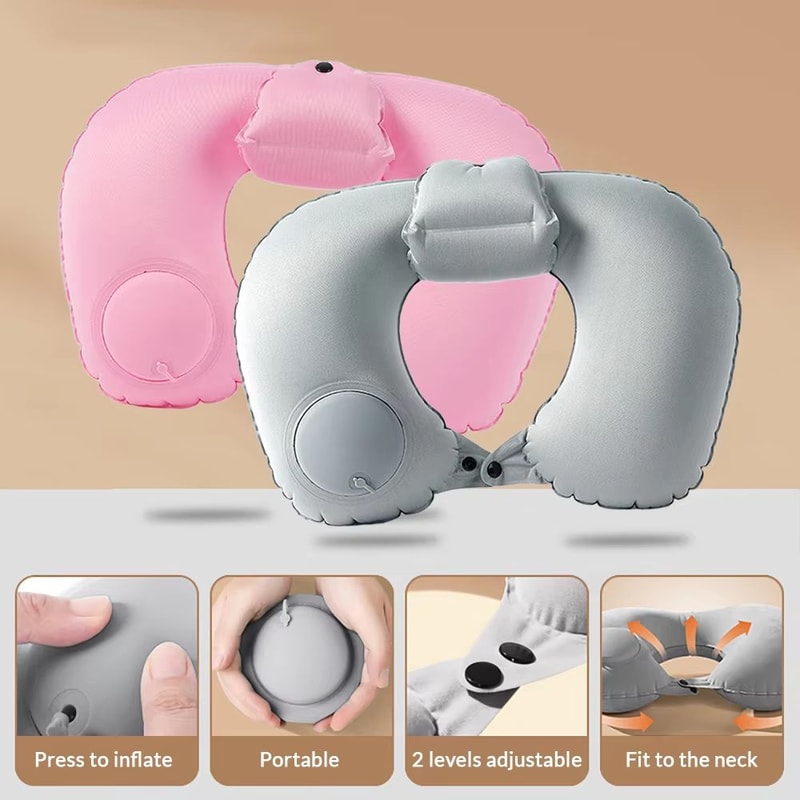 PressEase Inflatable Travel Neck Pillow Compact PresstoInflate Cushion With Detachable Cover For T 5
