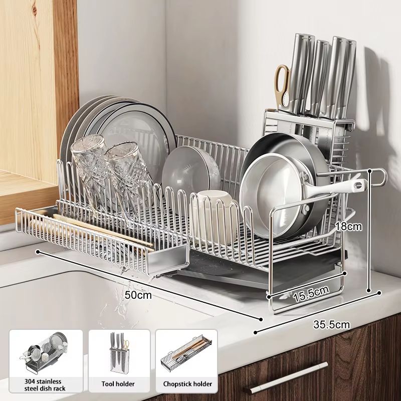 Stainless Steel Dish Drying Rack Over The Sink With Tray 10