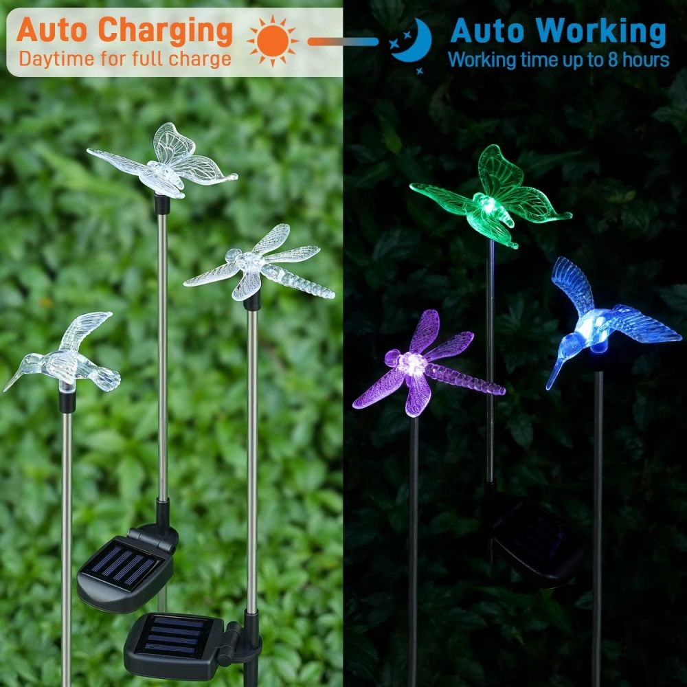 3Pack Solar Garden Lights Butterfly Hummingbird Dragonfly 30 High 3