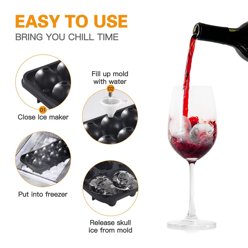 Skull Whiskey Silicone Ice Mold 10Cavity FoodGrade Ice Block Tray With Filling Funnel 3