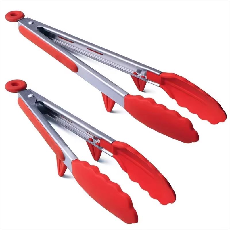 LMETJMA Stainless Steel Cooking Tongs With Silicone Tips And Stand Design 0