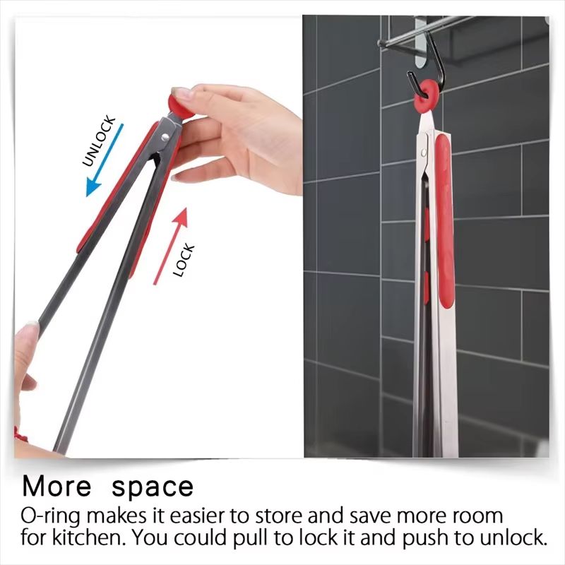 LMETJMA Stainless Steel Cooking Tongs With Silicone Tips And Stand Design 5