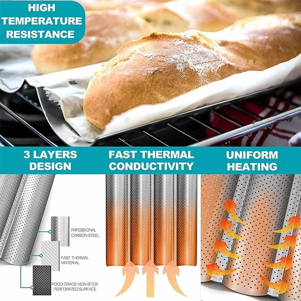 LMETJMA Nonstick Perforated French Bread Baking Pan For Four Baguette Loaves 3