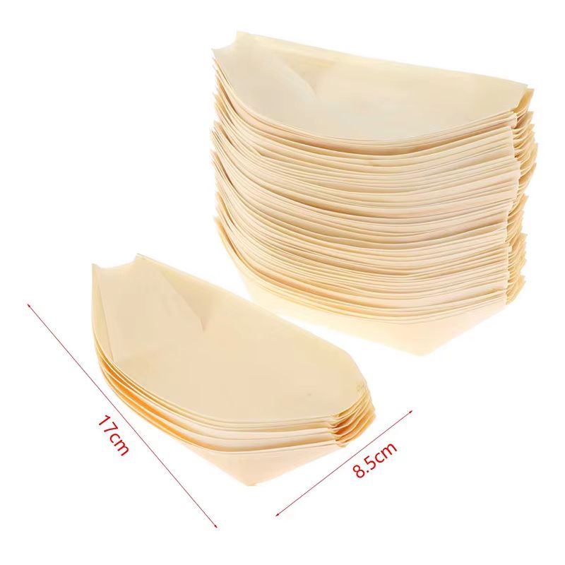 50 Piece Disposable Wooden Boat Plate Set Pine Wood Sushi Trays For Serving Snacks And Desserts 9