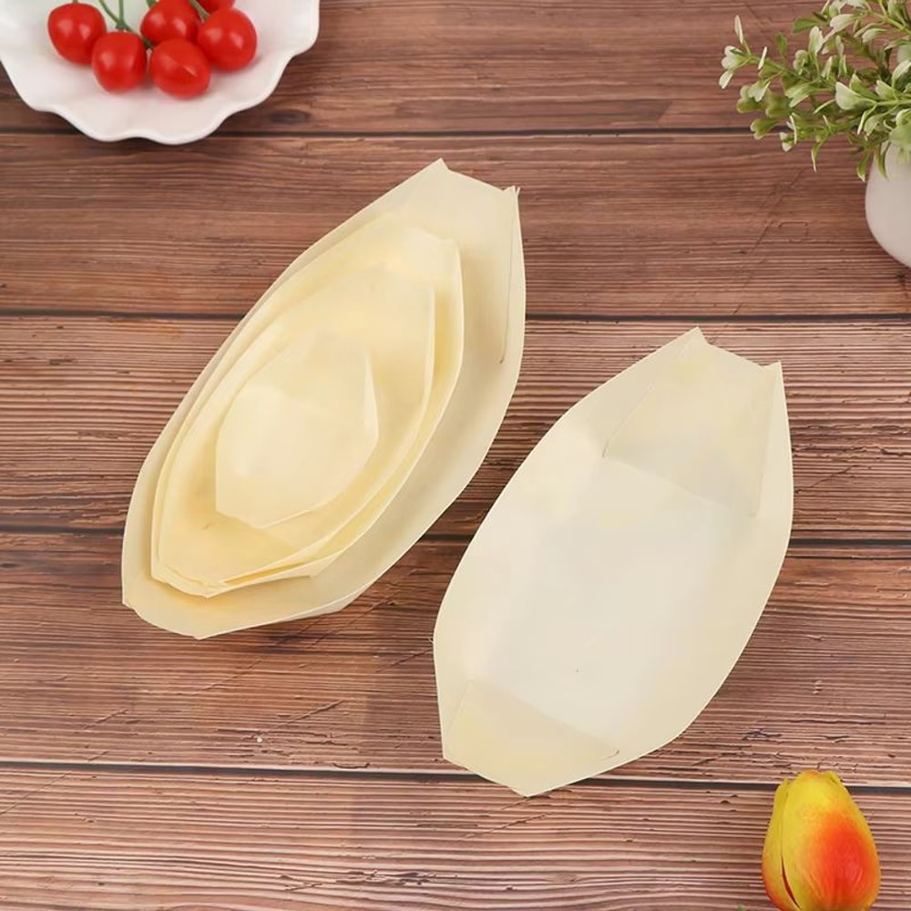 50 Piece Disposable Wooden Boat Plate Set Pine Wood Sushi Trays For Serving Snacks And Desserts 2
