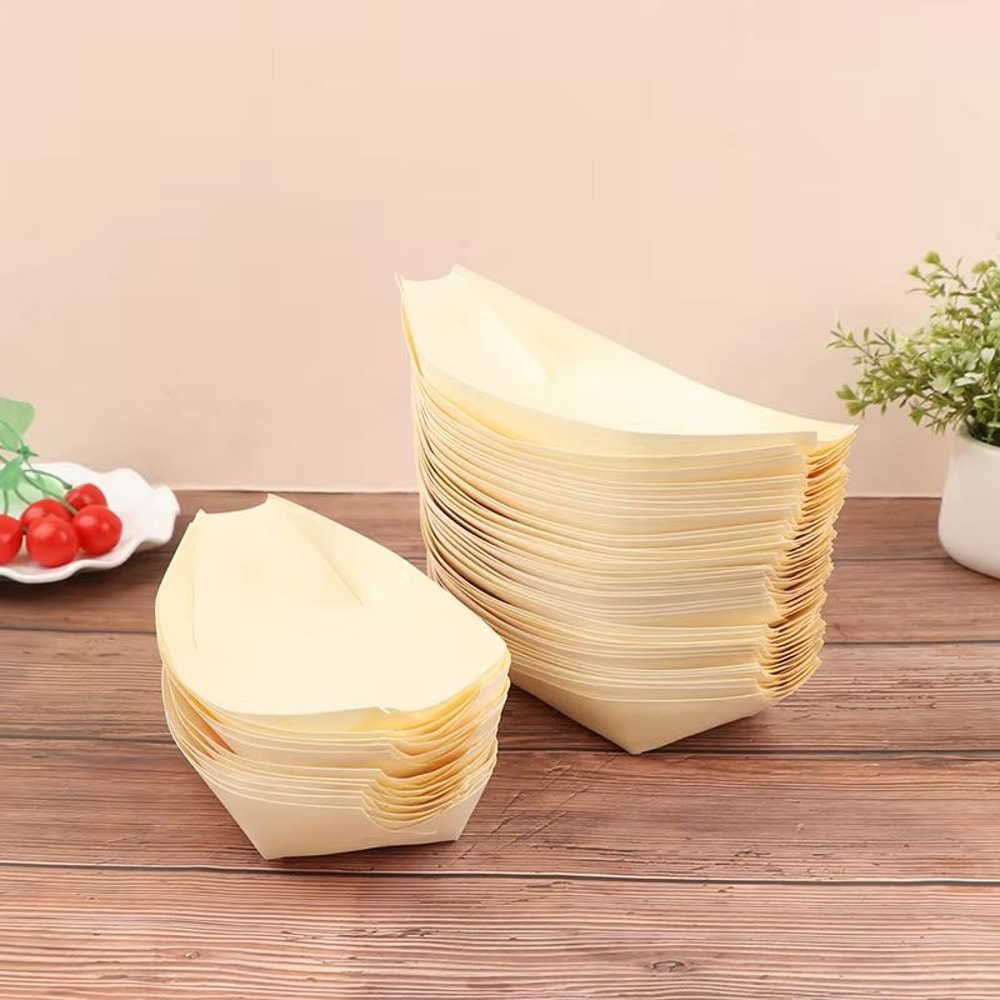 50 Piece Disposable Wooden Boat Plate Set Pine Wood Sushi Trays For Serving Snacks And Desserts 3