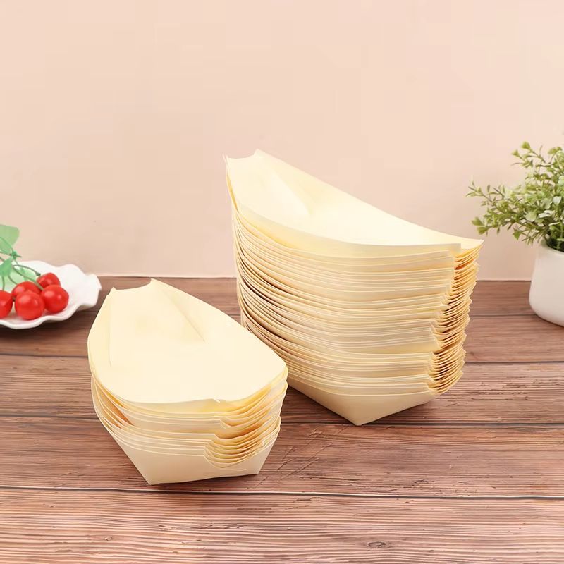 50 Piece Disposable Wooden Boat Plate Set Pine Wood Sushi Trays For Serving Snacks And Desserts 3
