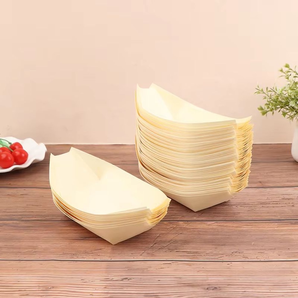 50 Piece Disposable Wooden Boat Plate Set Pine Wood Sushi Trays For Serving Snacks And Desserts 4