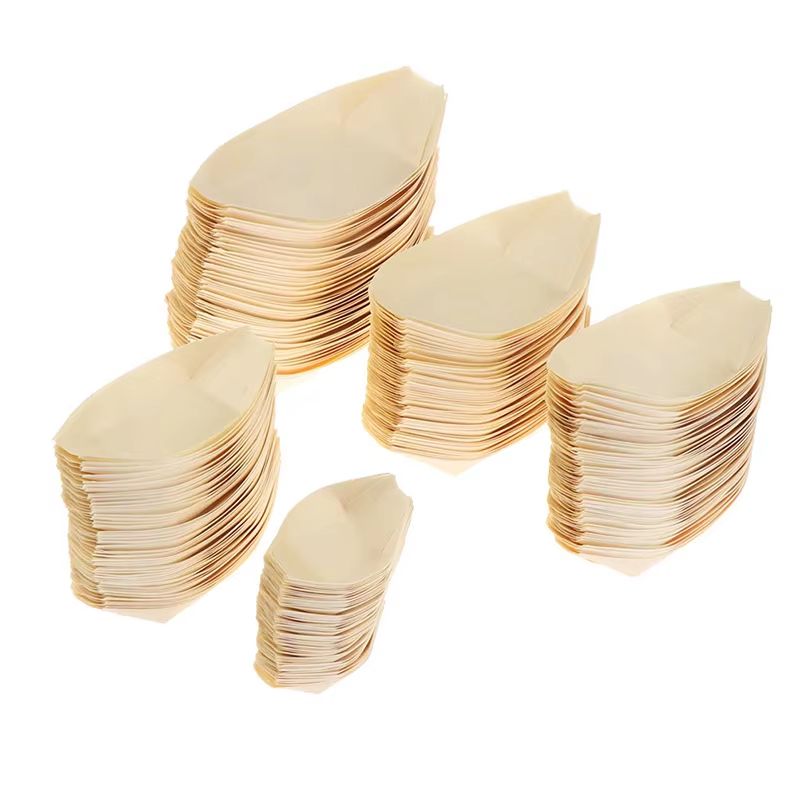 50 Piece Disposable Wooden Boat Plate Set Pine Wood Sushi Trays For Serving Snacks And Desserts 5