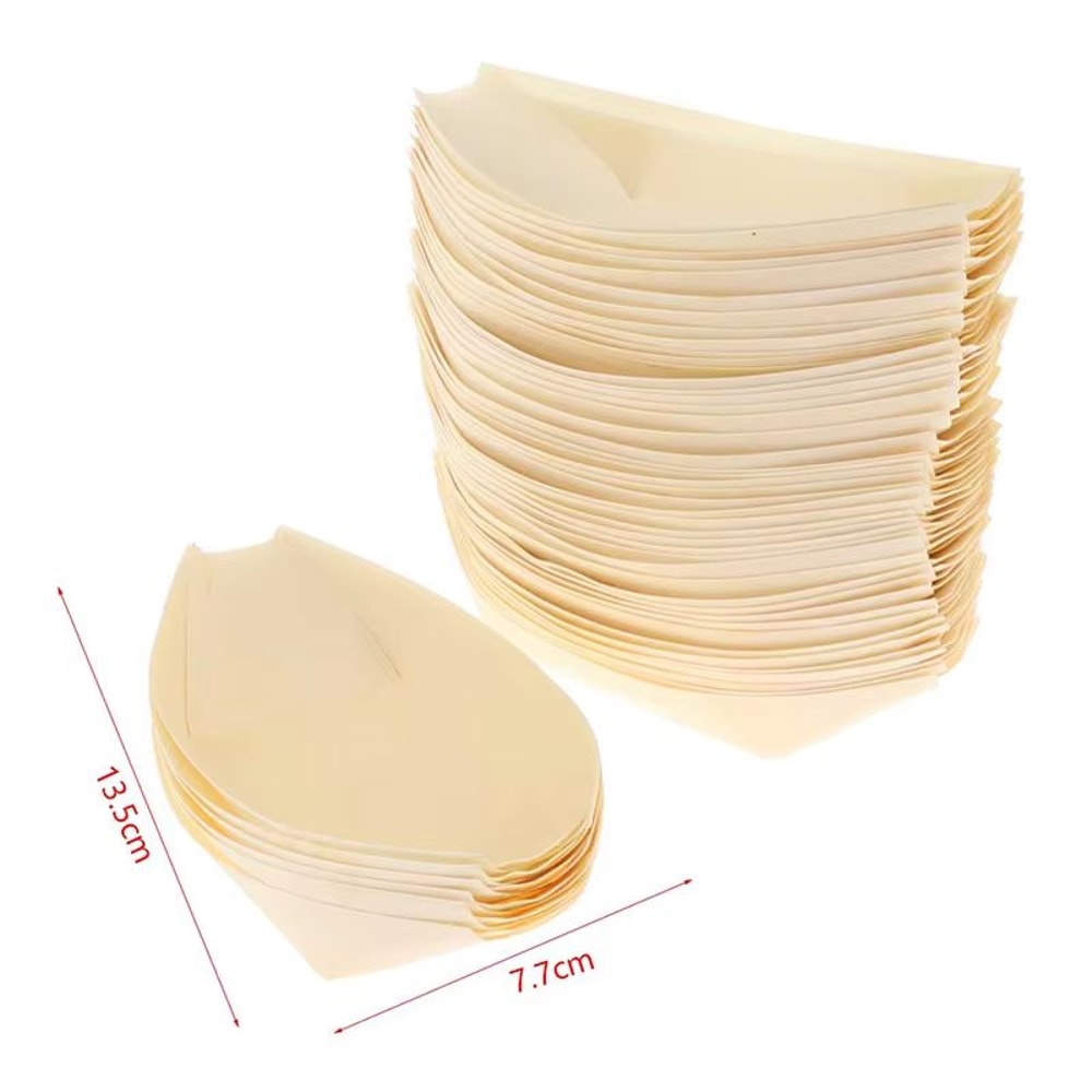 50 Piece Disposable Wooden Boat Plate Set Pine Wood Sushi Trays For Serving Snacks And Desserts 7