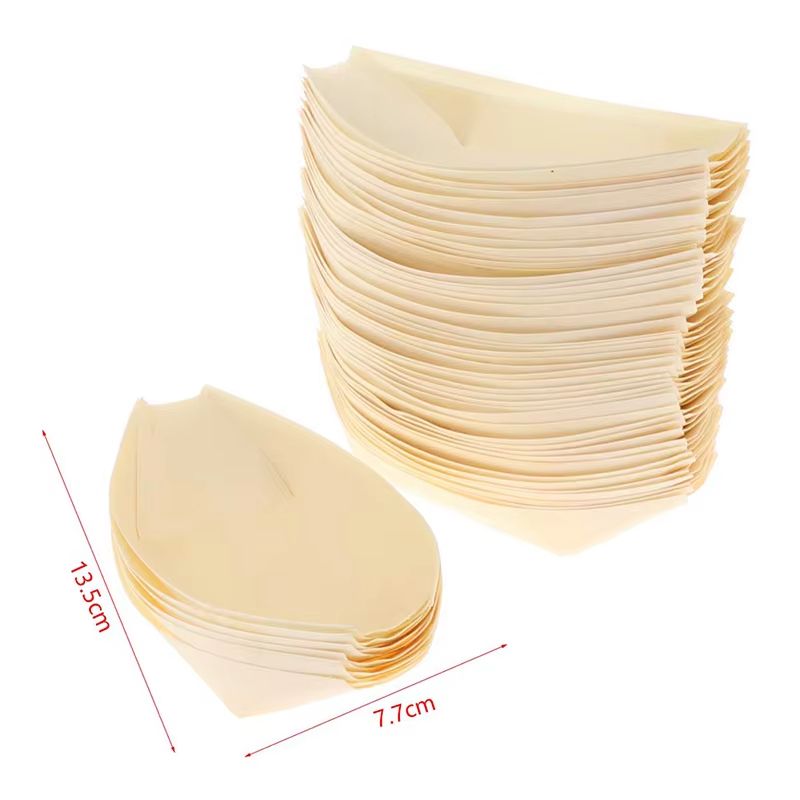 50 Piece Disposable Wooden Boat Plate Set Pine Wood Sushi Trays For Serving Snacks And Desserts 7