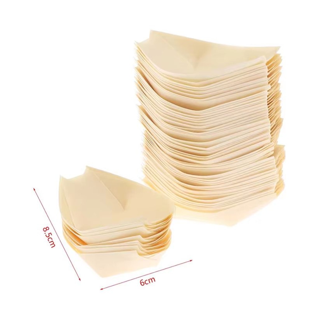 50 Piece Disposable Wooden Boat Plate Set Pine Wood Sushi Trays For Serving Snacks And Desserts 8