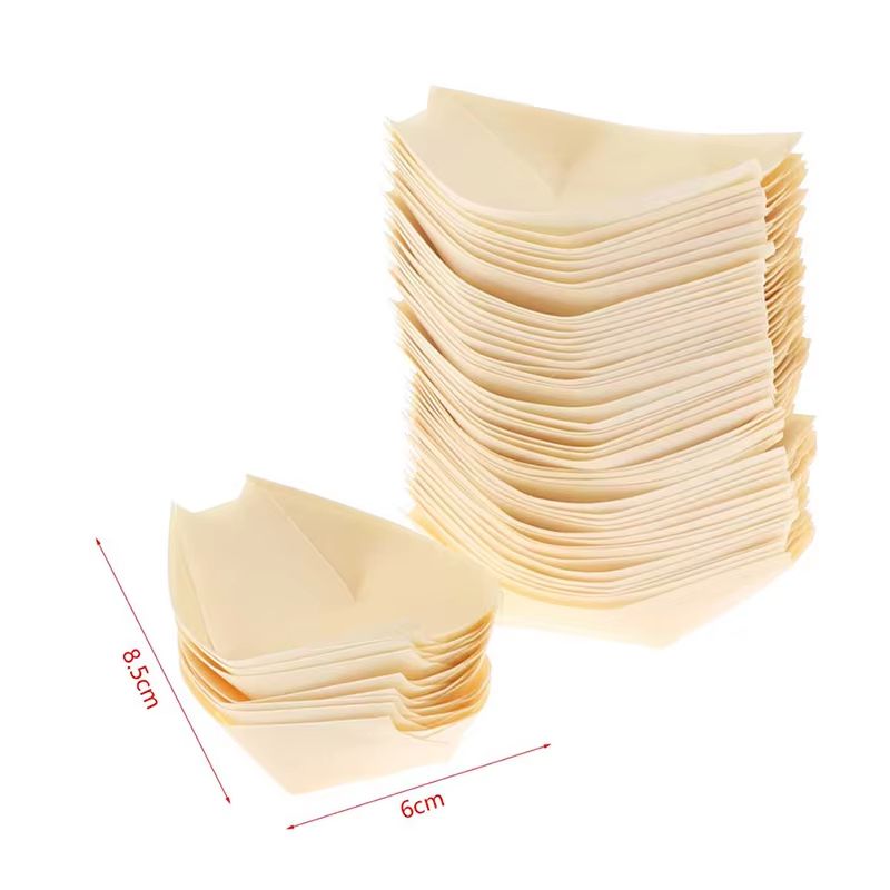 50 Piece Disposable Wooden Boat Plate Set Pine Wood Sushi Trays For Serving Snacks And Desserts 8