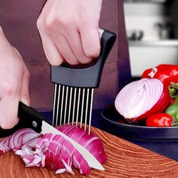 stainless steel onion cutter vegetable slicer and chopping holder for safe kitchen prep