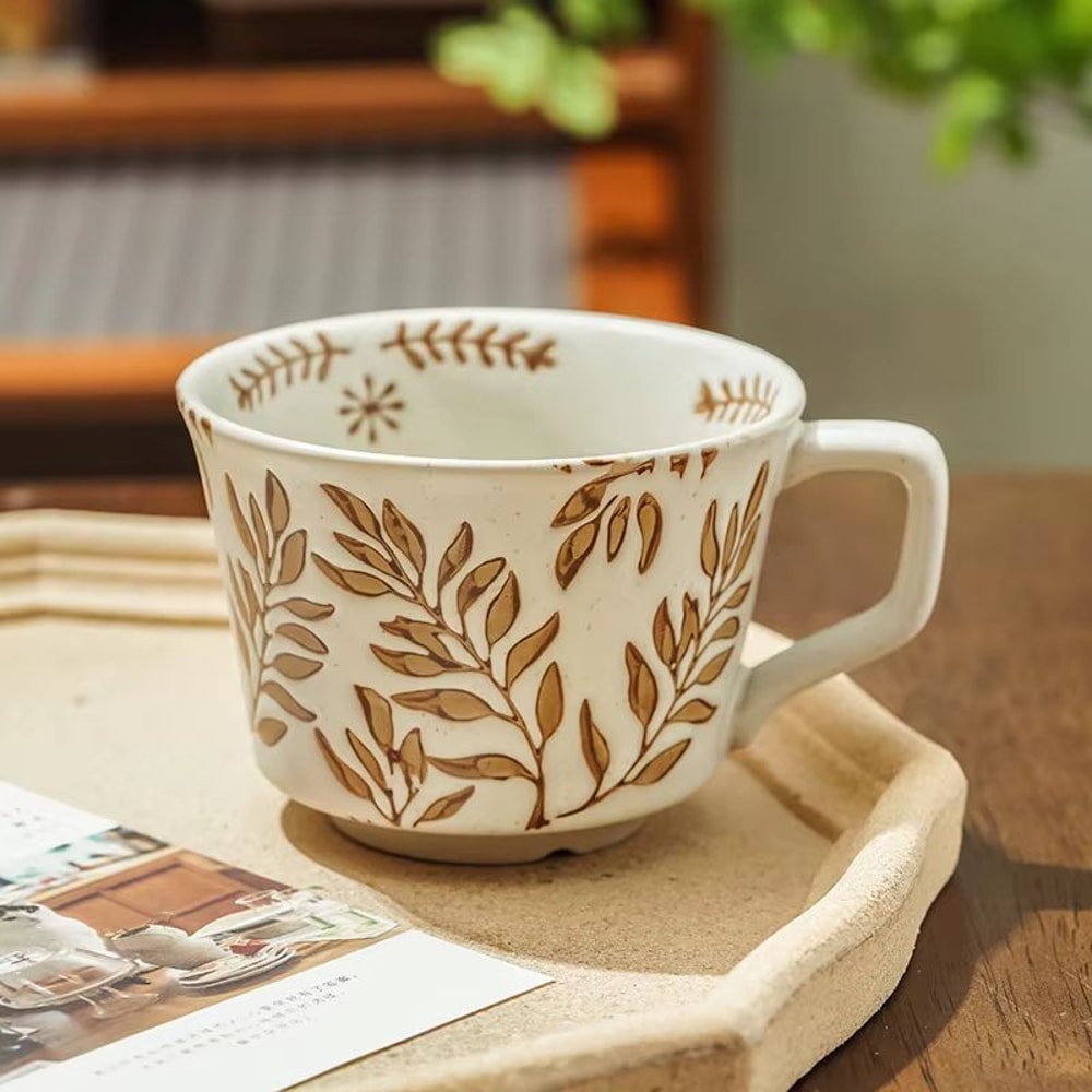 Ceramic Coffee Mug Leaf Pattern Porcelain Tea Cup For Home And Office Use 9