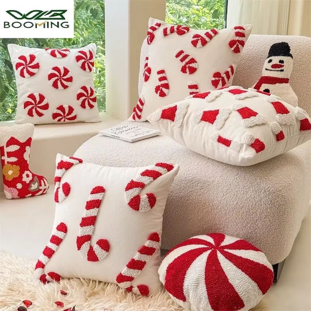 Christmas Plush Pillowcase With Hat And Candy Cane Pattern Hidden Zipper Holiday Decor Cover 0