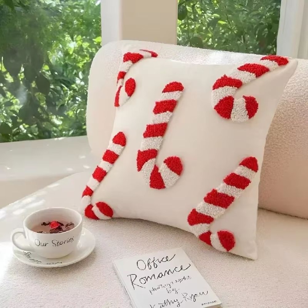 Christmas Plush Pillowcase With Hat And Candy Cane Pattern Hidden Zipper Holiday Decor Cover 9