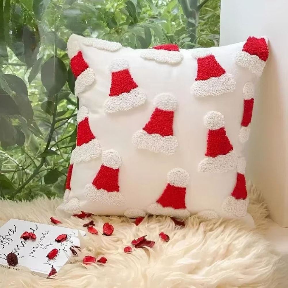 Christmas Plush Pillowcase With Hat And Candy Cane Pattern Hidden Zipper Holiday Decor Cover 10