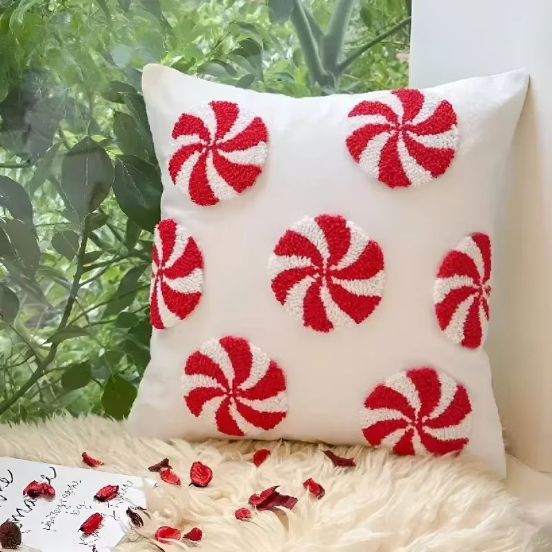 Christmas Plush Pillowcase With Hat And Candy Cane Pattern Hidden Zipper Holiday Decor Cover 1