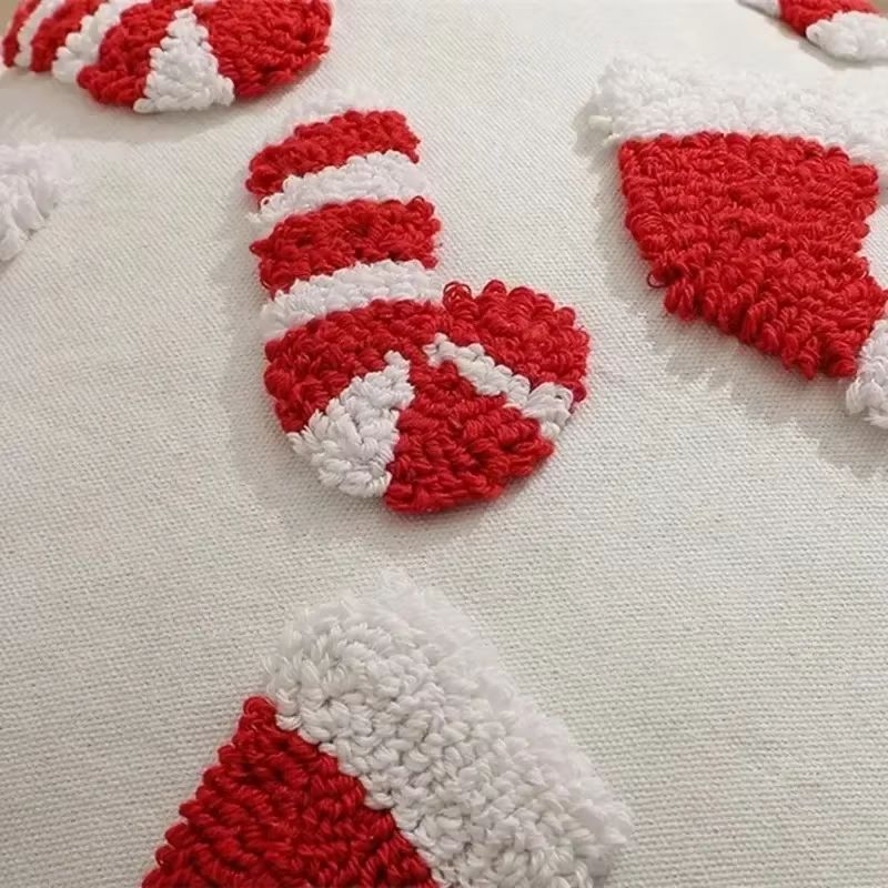 Christmas Plush Pillowcase With Hat And Candy Cane Pattern Hidden Zipper Holiday Decor Cover 2