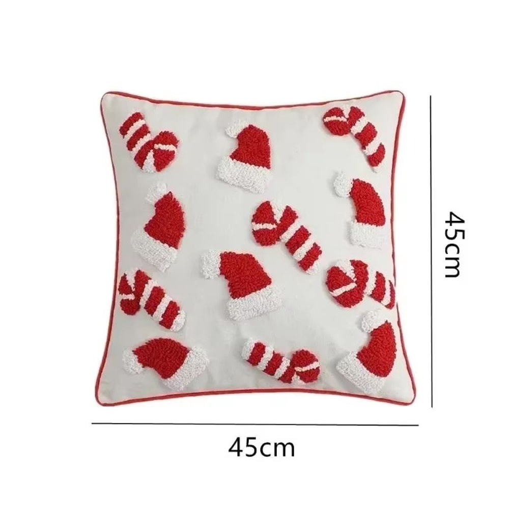 Christmas Plush Pillowcase With Hat And Candy Cane Pattern Hidden Zipper Holiday Decor Cover 5