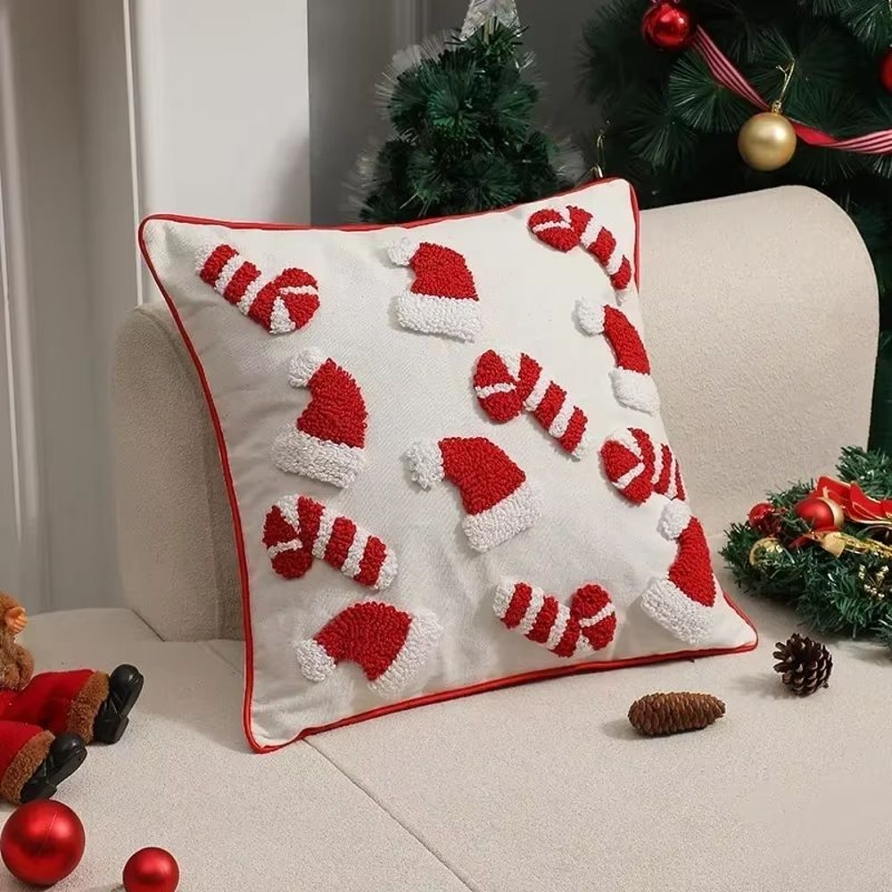 Christmas Plush Pillowcase With Hat And Candy Cane Pattern Hidden Zipper Holiday Decor Cover 7
