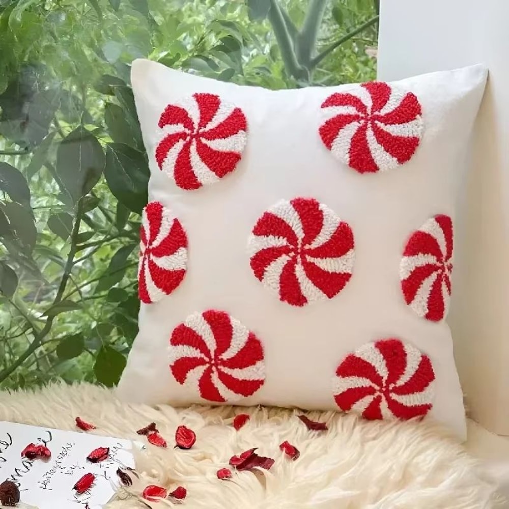 Christmas Plush Pillowcase With Hat And Candy Cane Pattern Hidden Zipper Holiday Decor Cover 8
