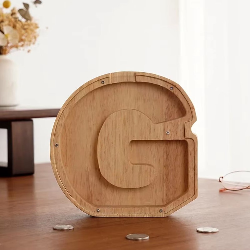 Wooden Alphabet Piggy Bank A To Z Transparent Acrylic Money Box Children Toy Storage Decor 9