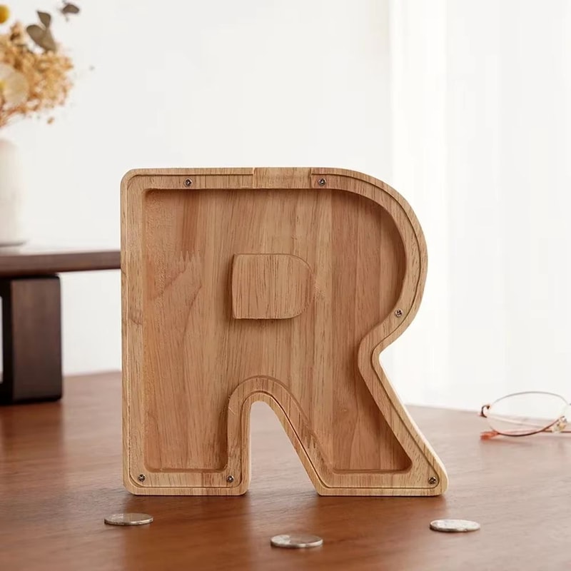 Wooden Alphabet Piggy Bank A To Z Transparent Acrylic Money Box Children Toy Storage Decor 20