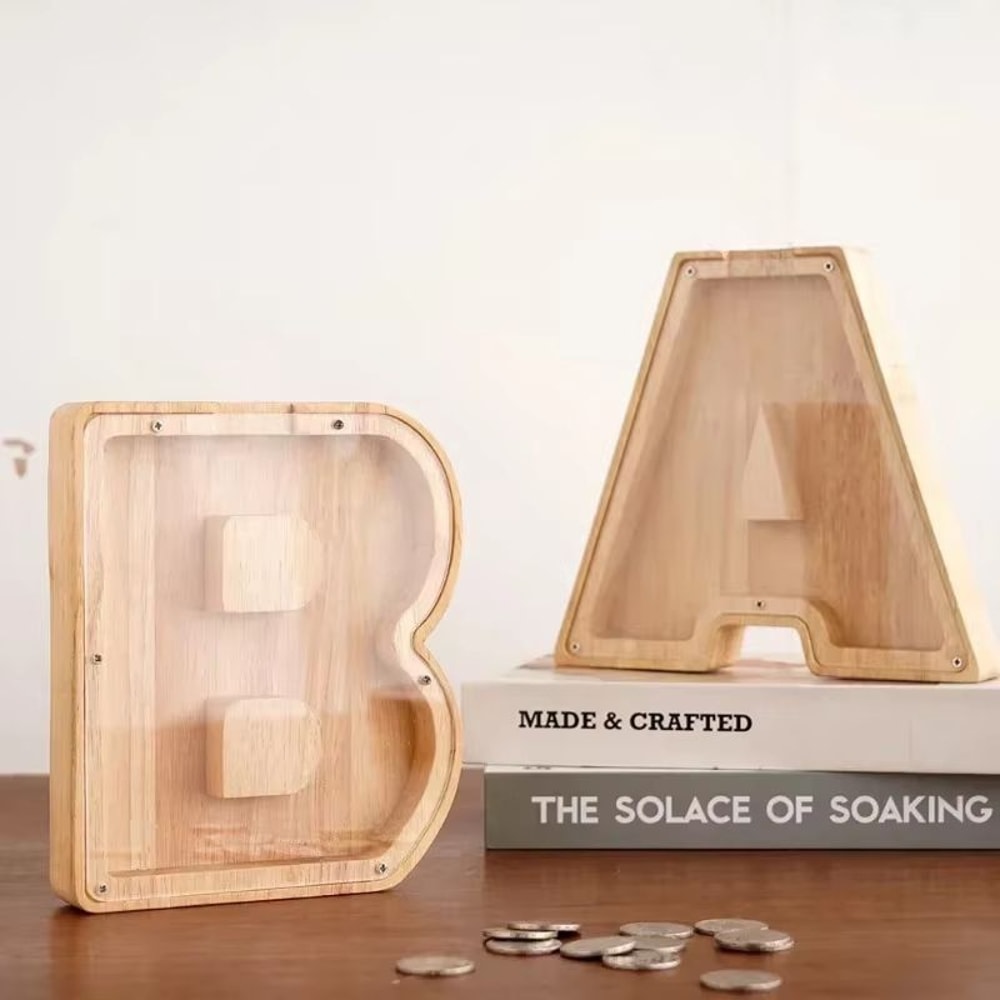 Wooden Alphabet Piggy Bank A To Z Transparent Acrylic Money Box Children Toy Storage Decor 2